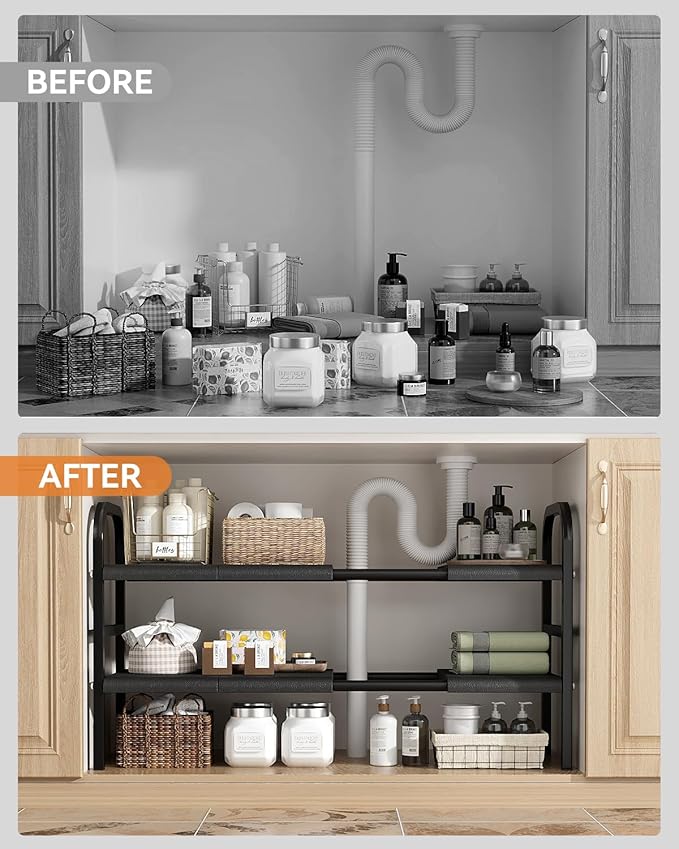 SUNZOS Under Sink Organizers, 2 Tier Expandable Cabinet Shelf Organizer with 8 Removable Panels, Under Counter Storage Organizer for Kitchen, Bathroom, Shoe Storage Rack
