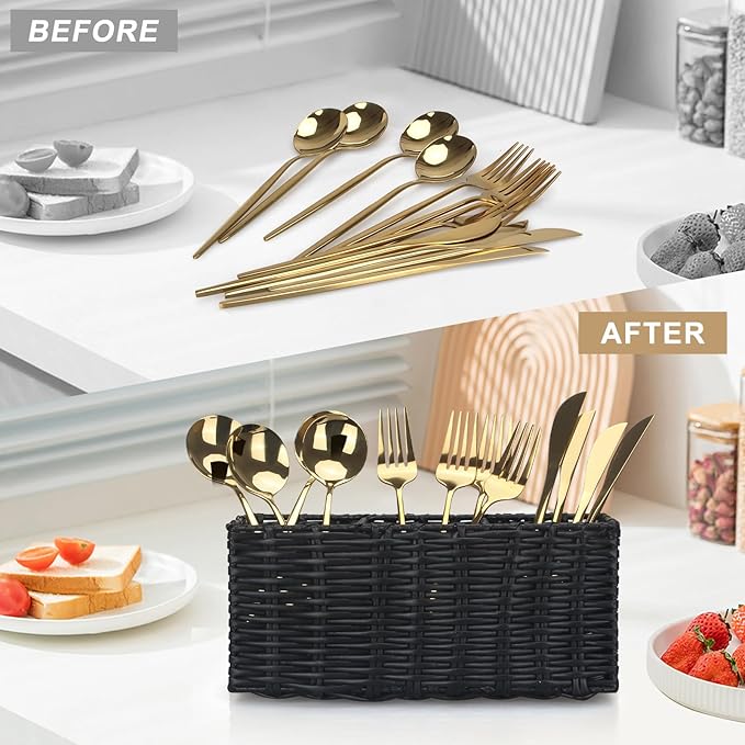 Ayiaren Wicker Silverware Cutlery Holder Black Flatware Utensil Caddy Best Silverware Organizer Storage for Countertop Party Kitchen Utensils Holder Flatware Silverware Caddies Spoon and Fork Holder