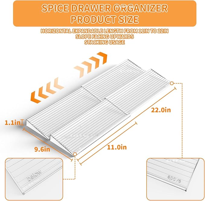 Yieach Clear Acrylic Spice Drawer Organizer,2 Tier- 2 Pack In Drawer Spice Organize and Kitchen Jars Seasoning Organizer Insert,Expandable From 11'' to 22'' Spice Rack and Tray for Cabinet
