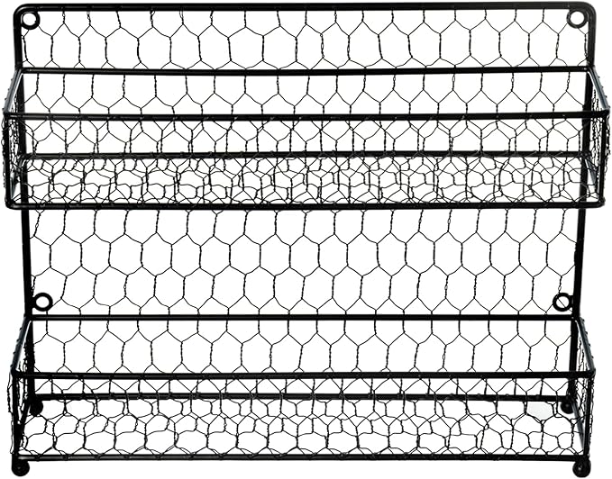 MyGift® Farmhouse Style Metal Wire Spice Rack - Wall Mount or Kitchen Countertop 2-Tier Seasoning Jar Storage Organizer, Black