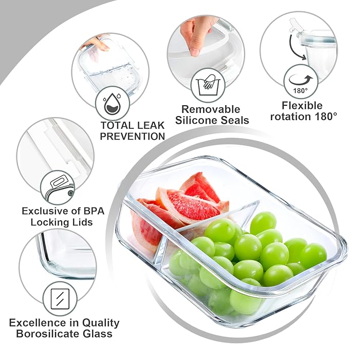 VERONES 5 Pack Glass Meal Prep Containers 2 Compartment Set, 36OZ Airtight Glass Lunch Containers, Food Storage Containers with Lids, for Microwave, Oven, Freezer & Dishwasher Friendly,White