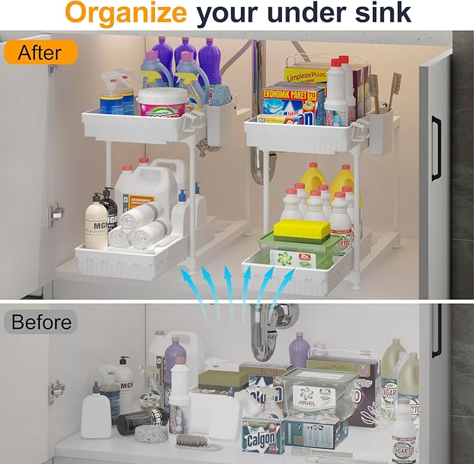 2 Pack Double Sliding Under Sink Organizers and Storage, 2 Tier Under Bathroom Cabinet Shelf Organizer with Hooks Hanging Cup, Home Organization, White
