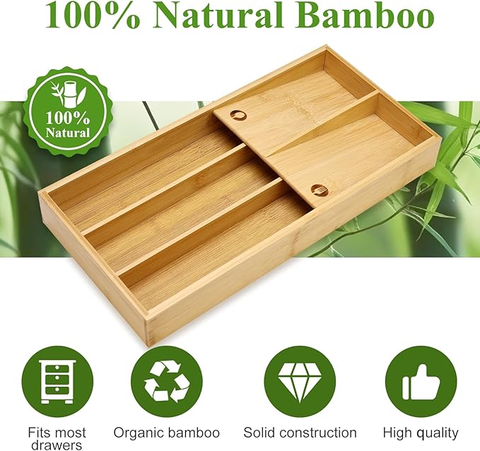 Bamboo Silverware Drawer Organizer Cutlery Tray for Drawer Wood Kitchen Utensil Tray Flatware Caddy Cutlery Holder Utensil Drawers Organizer for Spoon Fork Knives Wooden Silverware Trays