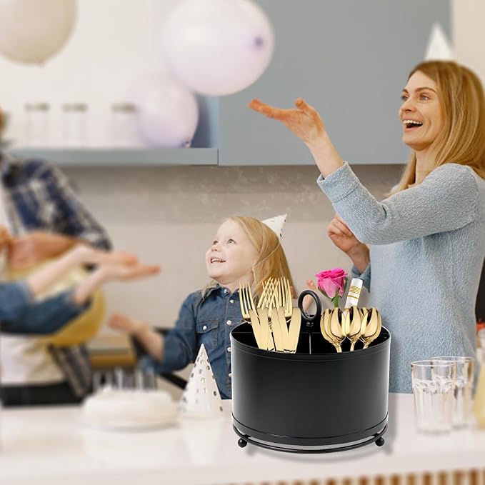 360°Rotating Silverware Caddy,Countertop Silverware Holder,Round Cutlery Caddy Fork Spoon Knife Utensil Organizer Plastic Flatware Holder for Parties Desk Organizer Caddy Pen Pencil Holder -Black