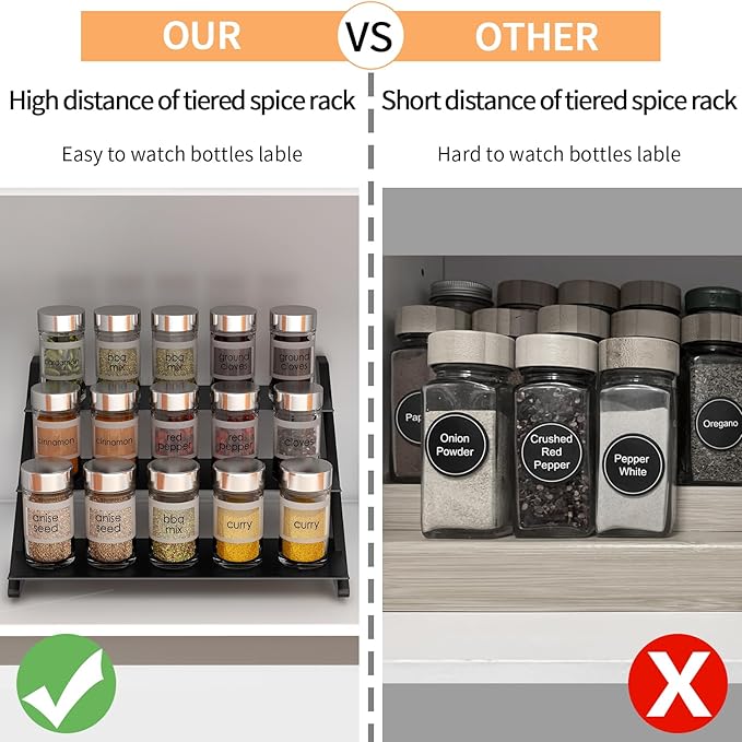 3 Tier Spice Rack Organizer for Cabinet, Metal with Wood Step Shelf Countertop Spice Storage Holder, Seasoning Organizer for Kitchen, Pantry, Black, 2 Pack