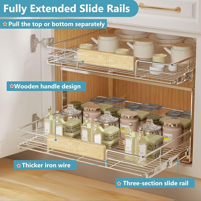 LOVMOR 2 Tier Pull Out Cabinet Organizer 31½" W x 21½" D, Slide Out Drawers with Wooden Handle, Sliding Shelves Organization and Storage for Kitchen, Pantry