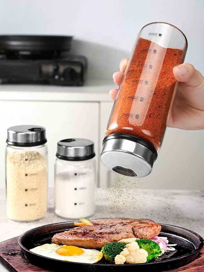 Verdental 15 oz Salt and Pepper Shakers Set with Adjustable Outlet Holes Clear Glass Bottles Spice Seasoning Cans Jar for Kitchen Decor and Home Restaurant BBQ Camping Farmhouse(5 Pcs, 450 ML)