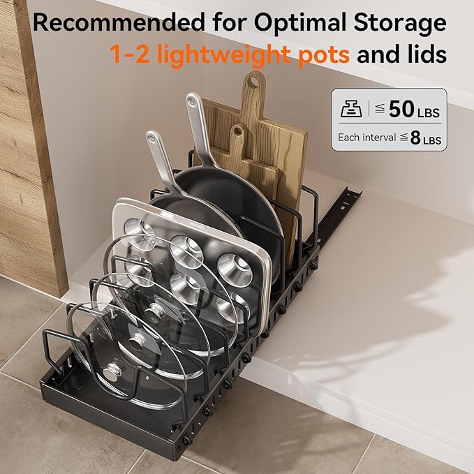 SUNZOS Pots and Pans Organizer for Under Cabinet, Pull Out Pot Lid Organizer for Kitchen, Pan Holder Inside Cabinet and Storage with 8 Adjustable Dividers
