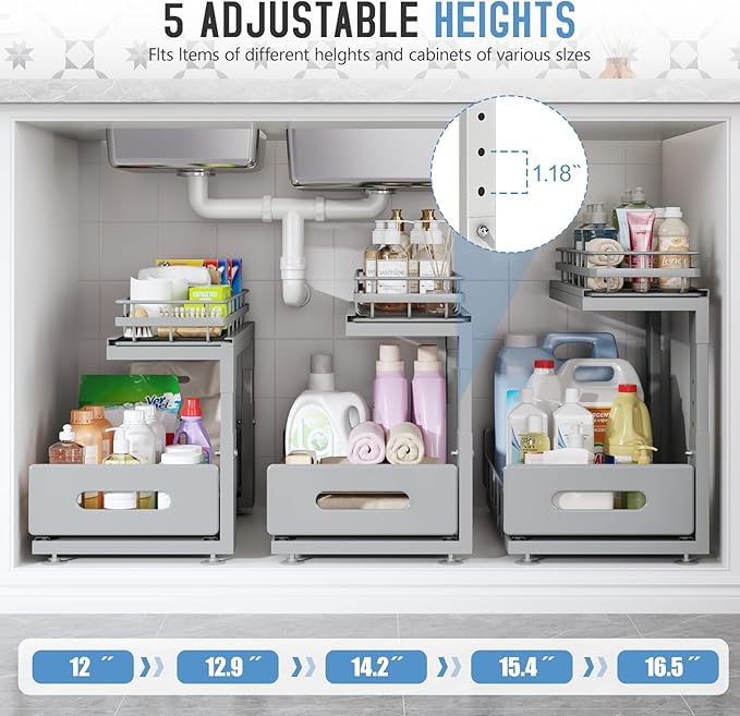 2 Pack Under Sink Organizer Upgrade to Professional Rails,2-Tier Dual Pull Out Cabinet Storage,Height Adjustable Slide Out Drawers for Bathroom Kitchen,Under Sink Shelf-Gray