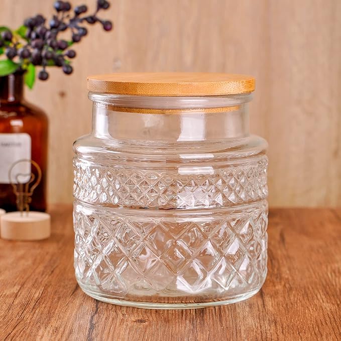 WHJY Glass Storage Container with Lid, Airtight Glass Jars, Farmhouse Tea Canister, Dog Treat Jar for Pet, Glass Candy Cookies Coffee Canister Jar Bath Salt Container - Round 47 oz