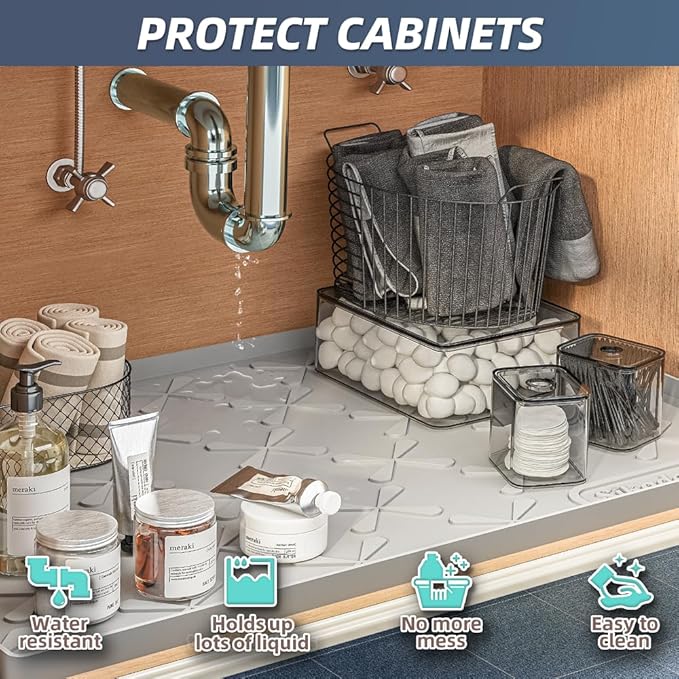 SIKADEER Waterproof Under Sink Mat 37" x 19", Silicone Mat Kitchen Cabinet Liner and Drawer Shelf, Sink Protector for Bathroom Organizers and Storage, Flexible Sink Drip Tray