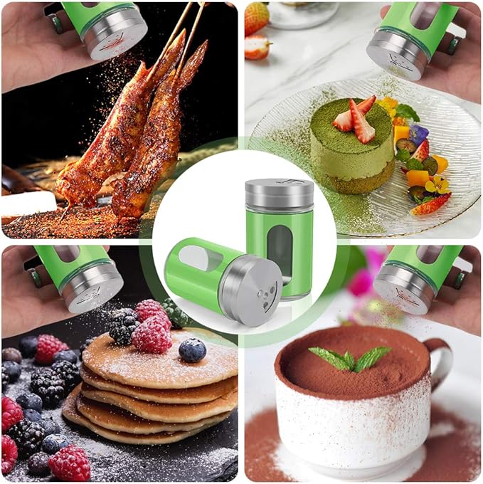 Accmor 2pcs Salt and Pepper Shakers,Stainless Steel Shaker for Salt Powder Sugar Cinnamon Pepper, Spice Dispenser with Adjustable Pour Holes,Green