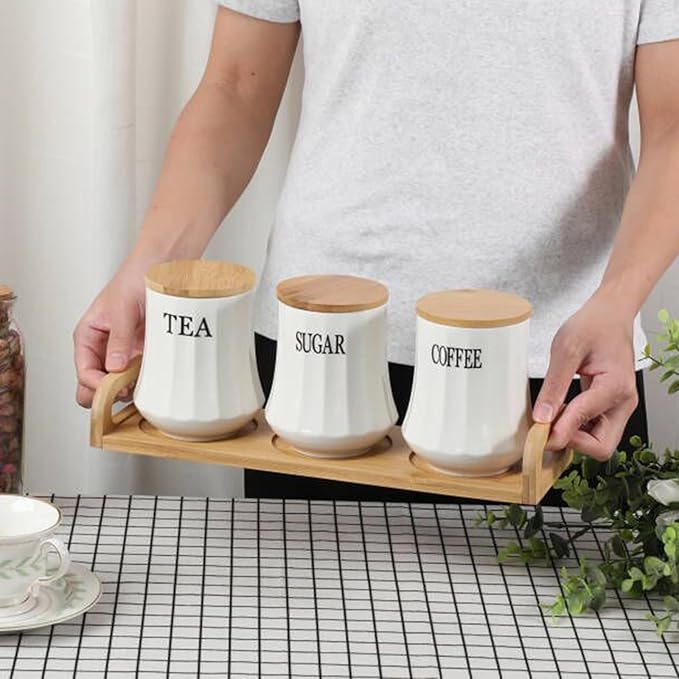 JUXYES Set of 3 Ceramic Canisters Set for Sugar Coffee Tea, Luxurious Storage Containers Sets with Serving Tray Decorative Storage Pots White Ceramic Storage Jar for Kitchen Counter Dining Room