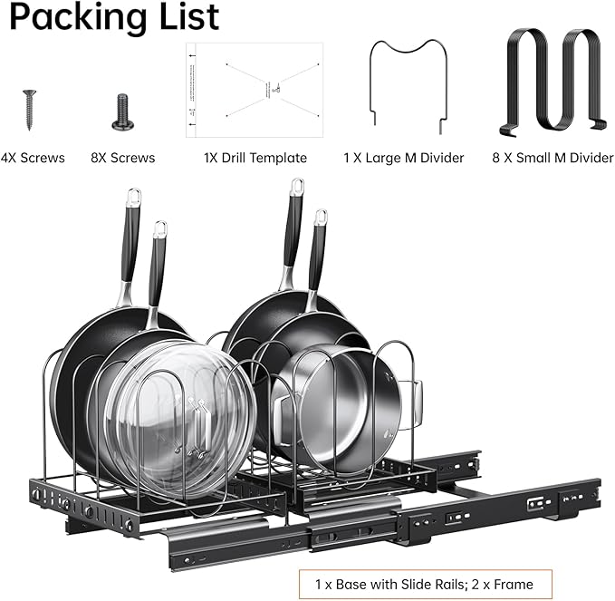 Pots and Pans Organizer for under Cabinet, Pull Out Pan Organizers inside Cabinet with Adjustable Dividers, Kitchen Cabinet Organizers and Storage for Cast-iron Pan, Cutting Board, Pot Lid