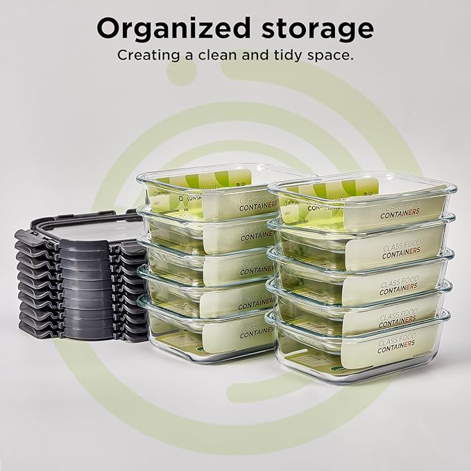 Glass Food Storage Containers with Glass Lids, 10 Pack of 21oz, Glass Meal Prep Container with Airtight Lids, Microwave Safe Food Container Set, BPA Free, LeakProof, Ideal for Lunch