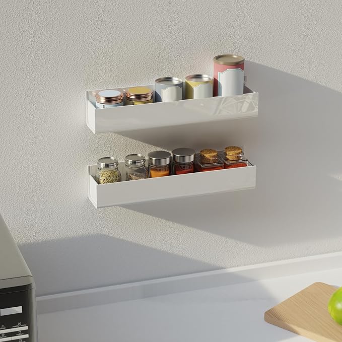 VAEHOLD Adhesive Acrylic Spice Rack with Nano Double Sided Tape Wall Mount Organizer Wall Spice Rack With Shelf Ends for Kitchen Cabinet Door - 2 Pack 12'' Shelves (White)