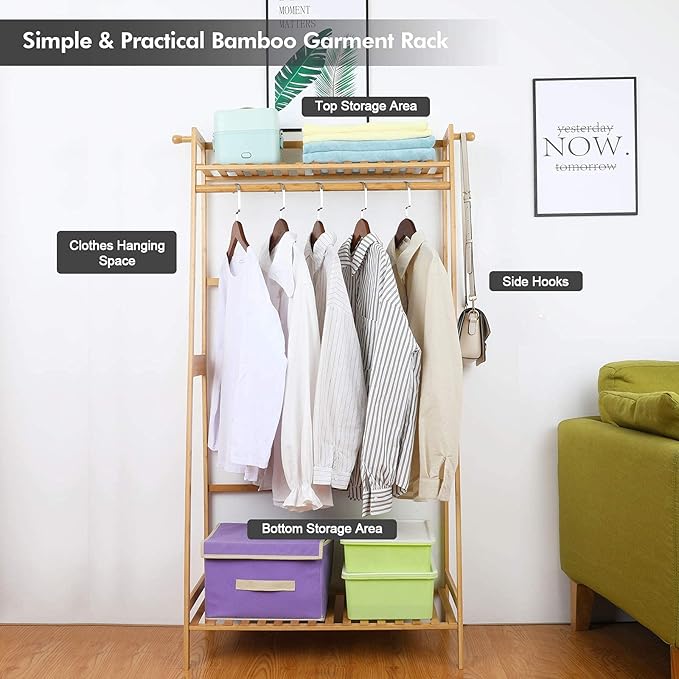 Ufine Bamboo Clothes Hanging Rack with 2 Tier Storage Shelves and 2 Coat Hooks Portable Laundry Rack Cloest Organizer Garment Rack for Bedroom Guest Room