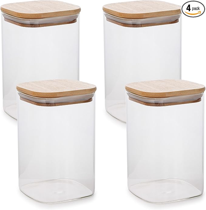 32oz Square Borosilicate Glass Canister With Bamboo Lid, Airtight Pantry Storage Jar Containers Ideal for Rice, Candy, Sugar, Flour, Nuts, Cookies and Coffee Beans (4 Pack)