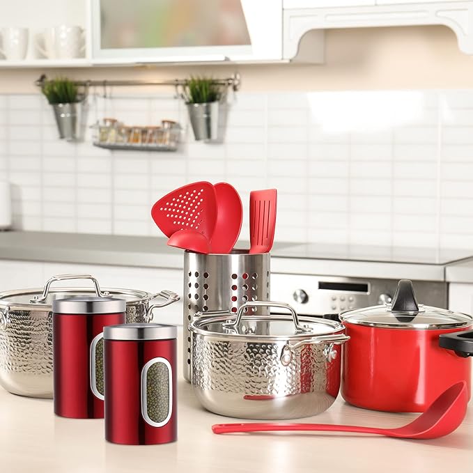 Zopeal 6 Pack Red Canisters Sets For Kitchen 50oz Stainless Steel Red Kitchen Canisters with Transparent Windows Flour Sugar Container Metal Jar Countertop Set for Coffee Tea Decorative