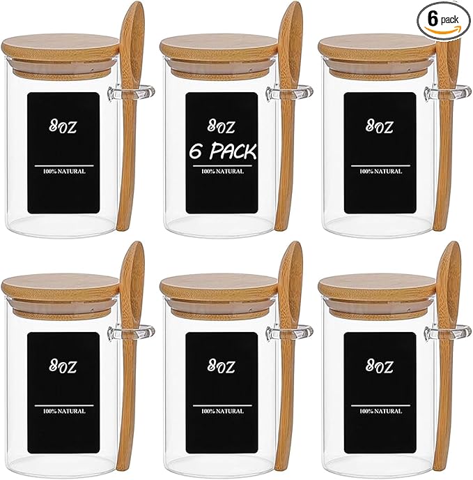 ComSaf Spice Jars with Spoon 8 oz 6Pack, Small Spice Containers Starter Set, Glass Seasoning Jars with Labels, Round Seasoning Containers for Salt, Pepper, Chili Powder, Sugar, Loose Tea Storage