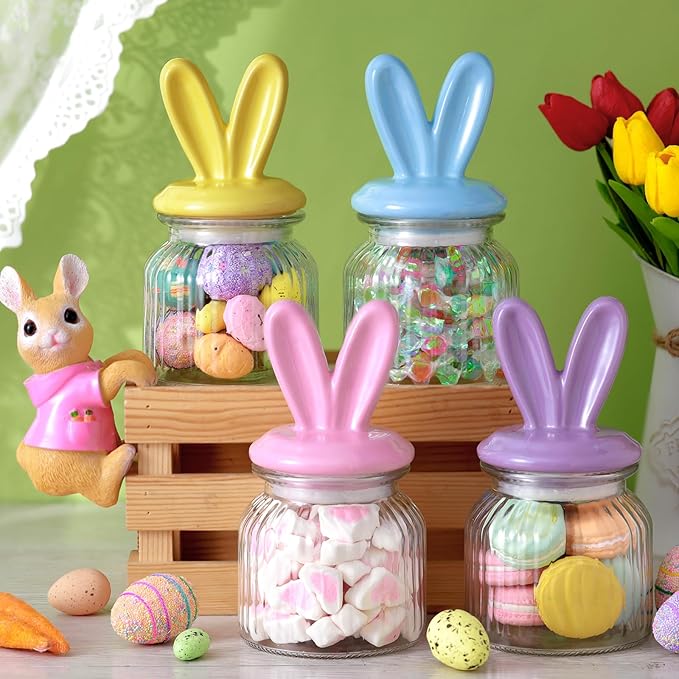 Nitial 4 Pcs Easter Glass Jar with Cap Bunny Ear Egg Clear Candy Jar Decorative Food Storage Canister with Airtight Ceramic Lid for Eater Party Tea Cookie Table Decoration(22 oz,Rabbit Ear)