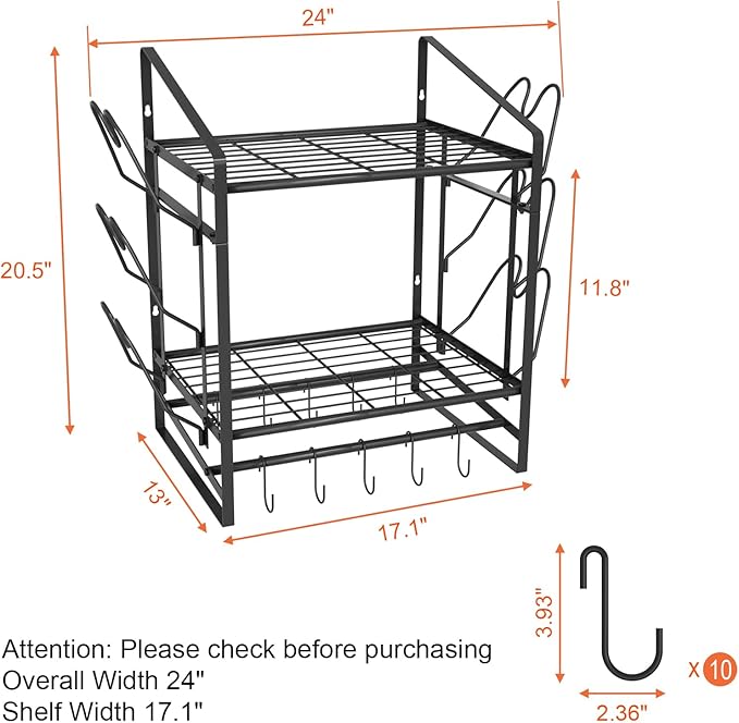 24 Inch Pot Rack Wall Mounted, 2 Tier Pots and Pans Organizer with 10 Hooks and 6 Pot Lid Holders, Heavy Duty Steel Pot and Pan Hanger for Kitchen Cookware Utensils Storage 24" Lx13 Wx20.5 H