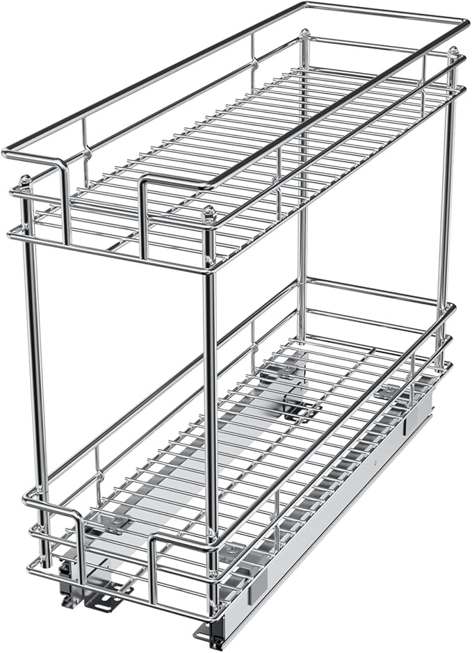 LOVMOR Pull Out Cabinet Organizer and Storage (7" W x 21" D) 2-Tier Pull Out Shelf Storage for Kitchen Base Cabinet Silver (7" W x 21" D, Silver, Roll on Top)