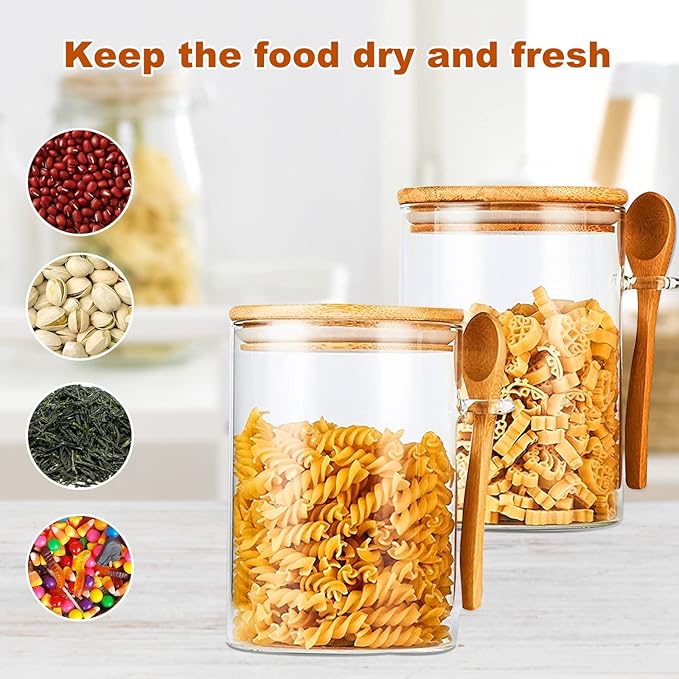 Glass Jar with Bamboo Lids,Overnight Oats Containers with Lids,Glass Food Storage Jars Containers,Kitchen Canisters for Candy,Cookie,Coffee,Sugar,Tea,Nuts,18.5oz/540ML(6PCS)