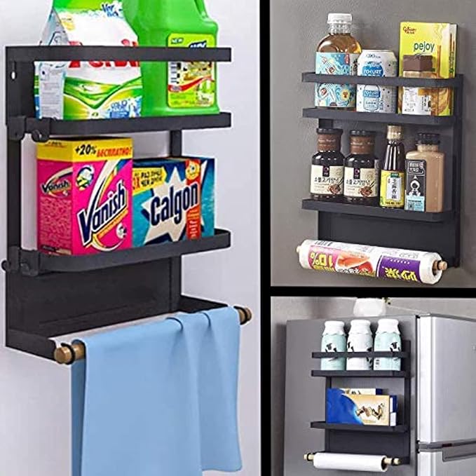 Magnetic Spice Rack for Refrigerator Magnetic Paper Towel Holder for Fridge Magnetic Shelf Magnetic Shelves Fridge Magnet Organizer Spice Rack Kitchen Organization Kitchen Storage Black