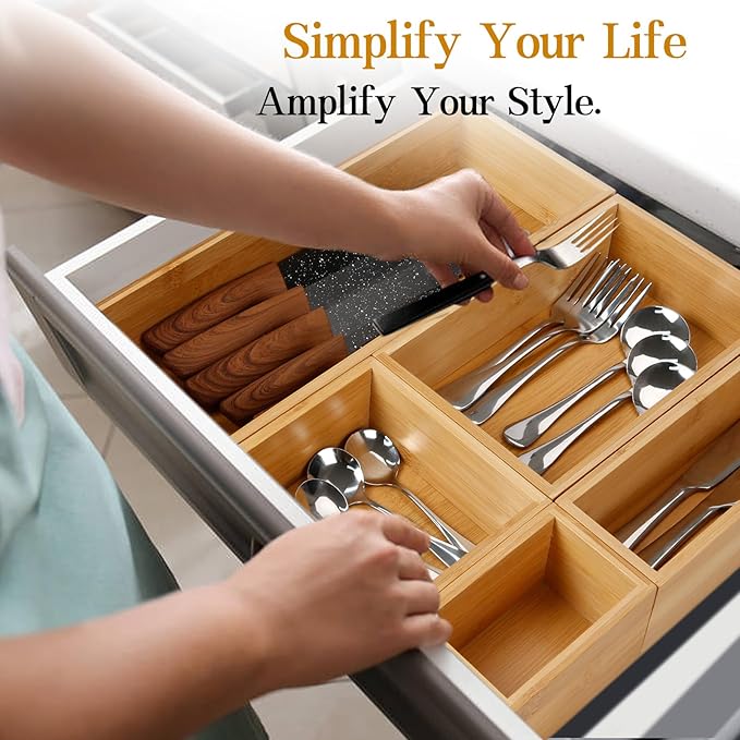 Secura Kitchen Drawer Utensil Organizer Box Set ๐ฑ ๐ฃ๐ฎ๐ฐ๐ธ, Bamboo Utensil Holder Cutlery Makeup Silverware Jewelry Flatware Organization Tray for Kitchen, Bathroom, Office and Living Room