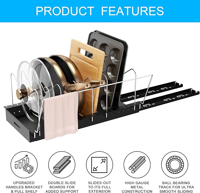 Golener Pots and Pans Organizer Under Cabinet - Pull Out Pot Pan Organizer Cabinet Pro, Pot Lid Holder for Kitchen, Slide Out Cabinet Organizer with Adjustable Dividers, Handles Bracket and Pull Shelf