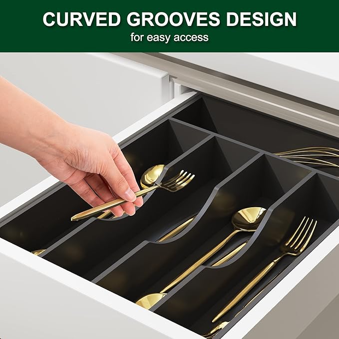 Bellsal Black Utensil Organizer - 10 Inch Silverware Tray with 5 Compartment Narrow Bamboo Drawer Organizer
