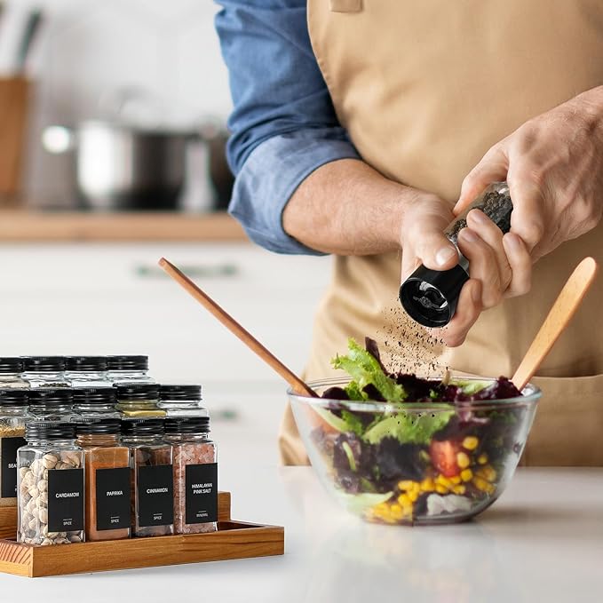 AOZITA 14 Pcs Glass Spice Jars with Black lids - 4oz Empty Square Spice Bottles and Spice Labels - Black Shaker Lids and Airtight Metal Caps - Silicone Collapsible Funnel Included
