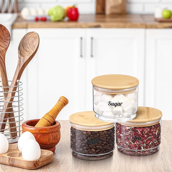 Suclain 3 Pcs 20oz Tea, Coffee, Sugar Stacking Jars Clear Glass Food Storage Jars with Lid Round Kitchen Containers with Sealing Bamboo Lid Airtight Canisters for Serving Tea Coffee Sugar with Sticker