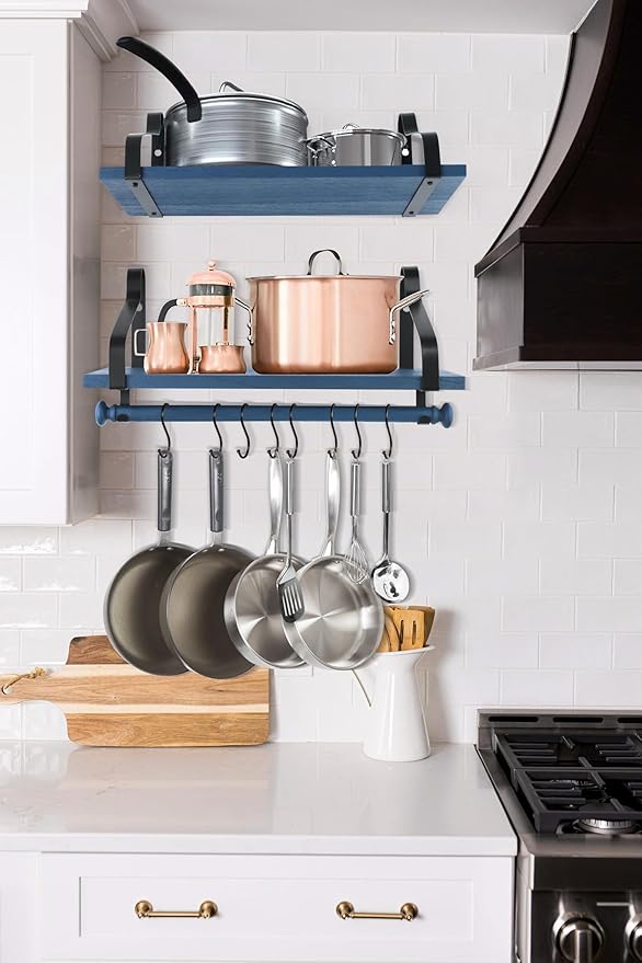 Gurfury Wooden Hanging Pot Rack with 8 hooks - Farmhouse Style Wall Mount Multifunctional Cookware Organizer Rack Kitchen Storage for Pans Utensils (Blue)