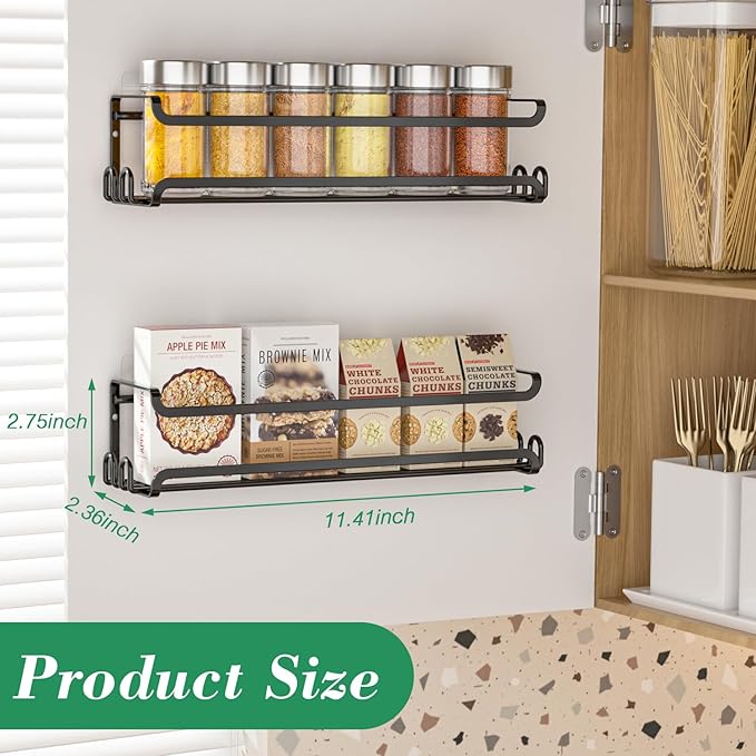 LUCYCAZ 8 Pack Wall Mounted Spice Rack with 32 Hooks, Spice Organizer for Cabinet Pantry Door,Screw or Adhesive Spice Shelf Hanging Wall Spice Rack in Kitchen and RV (Black)