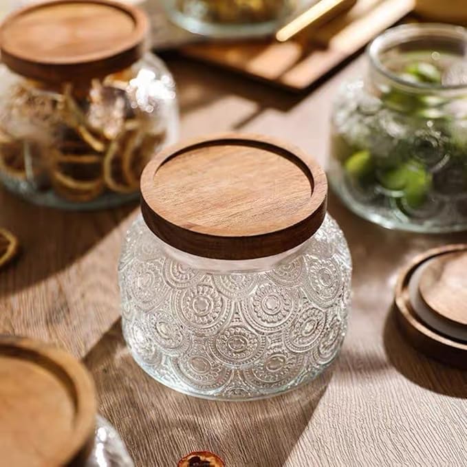 Vintage Glass Jar with Solid Wood Lid, 25.4 FL OZ Glass Food Storage Jar Sugar Container, Candy Coffee Tea Nut Decorated Glass Jar, transparent, SE-semicircle-750