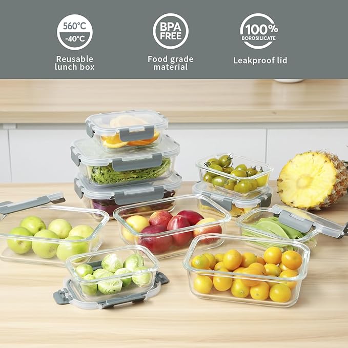 Glass Food Storage Containers with Lids,20 Pieces Glass Storage Container sets,Meal Prep Container,Airtight Glass Lunch Containers,Leakproof,BPA Free(10 lids & 10 Containers)