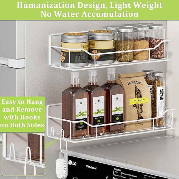 Magnetic Spice Rack for Refrigerator, 9 Pack Magnetic Fridge Shelves W/Adjustable Paper Towel Holder, Hook Rack, Moveable Spice Organizer Shelf for Kitchen Organization and Storage (White)