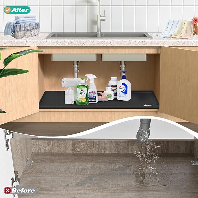 Waterproof Under Sink Mat 31" x 22", Silicone Cabinet Liner, Rubber Protector for Kitchen and Bathroom, Keeps Cabinets Clean, Dry, and Organized (Black)