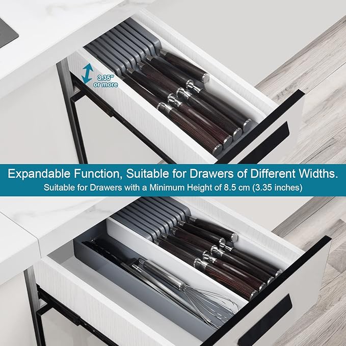 Expandable Drawer Organizers with Knife Block Knife Drawer Organizer stackable Cutlery Tray Knife Holder adjustable tray with Knife Block 9 Knives slot DIY drawer organizer(1 pack)