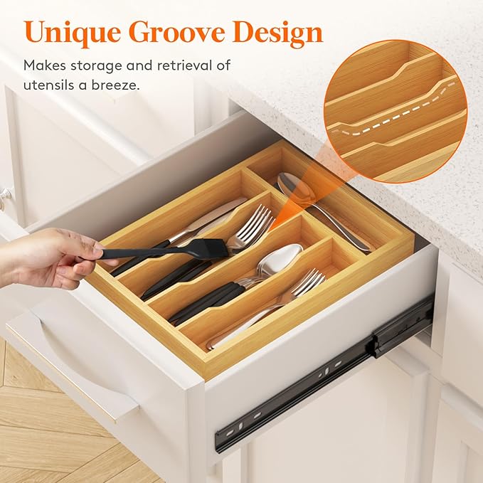 Lifewit Silverware Drawer Organizer Tray, Bamboo Cutlery Storage for Kitchen Drawer, 5 Compartment Flatware and Utensil Holder Divider for Spoons Forks Knives Tableware, Natural