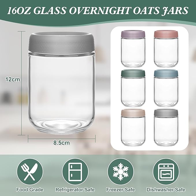 Overnight Oats Containers with Lids 6 Pack-16 Oz Mason Jar with Lids-Overnight Oats Jars Glass Food Storage Containers for Chia Seed Pudding Salad Cereal Coffee Spices