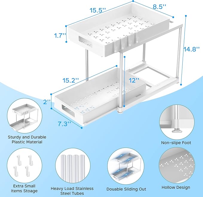Under Sink Organizers and Storage, 2 Pack Large Capacity Heavy Load Double Pull-out Under Sink Shelves with Sliding Drawer for Kitchen and Bathroom, White