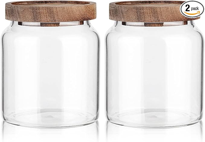 Labina Glass Storage Container Airtight Food Jars Kitchen Canister with Wood Lids, 20 Oz Wide Mouth Pantry Organization Glass Jar for Flour, Sugar, Cookie, Spagetti, Nuts and Candy (2 Pack)