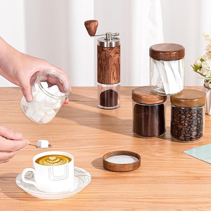 Yangbaga Glass Spice Jars with Labels: 12p 8oz Wide Mouth Square Bottle w/Pepper Grinder&Funnel - Airtight Wood Lid & Dishwasher Safe - Home Kitchen Pantry Daily Use - Gift for Newlyweds/Households