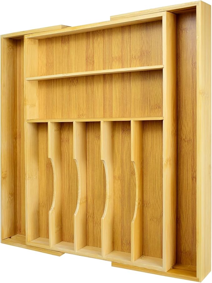 Expandable Drawer Organizer for Silverware Flatware Knives, Kitchen Utensil Organizer, Utensil Holder, Bamboo Wood Cutlery Tray in Drawer for Spoons Forks