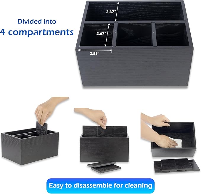 Utensil Caddy for Party - Black Wooden Silverware Holder with 4 Compartments for Plate, Cup, Fork, Spoon, Napkin - Paper Plate Organizer for Countertop - Cutlery Holder for Kitchen Camping Buffet