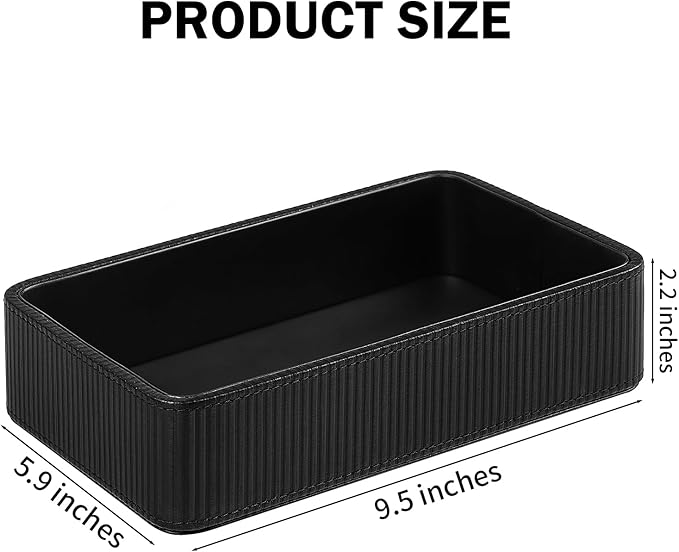 PU Leather Valet Tray Organizer, Small Nightstand Organizer Bedside Desktop Storage for Womens and Men, Perfume Trinket Catchall Vanity Tray for Key Watch Wallet (Black, Rectangular)