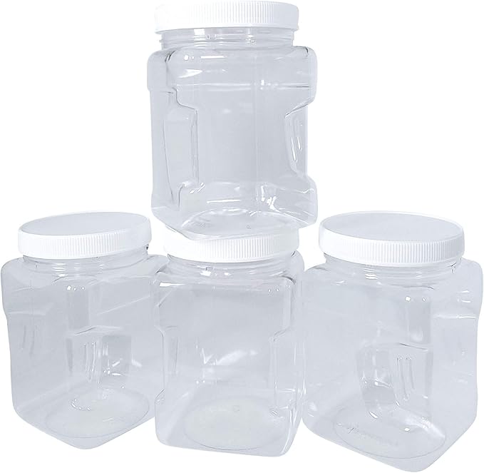 32oz Clear PET Plastic Square Wide Mouth Jars with Grip Handle and White Ribbed Lined Caps, BPA Free, Multi-Use Empty Containers, Household Dried Food Canisters, Made in the USA (Pack of 4)
